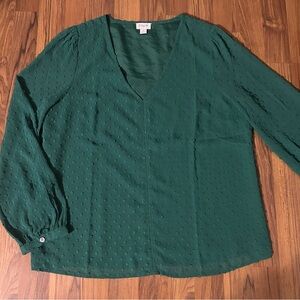 J. Crew Forest Green Textured Dotted V-Neck Blouse